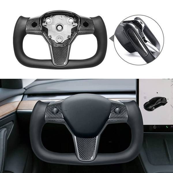 テスラModel3|Y 2017-2025対応 YOKEスタイルステアリングホイール 黒色メタルPU仕様 -F01