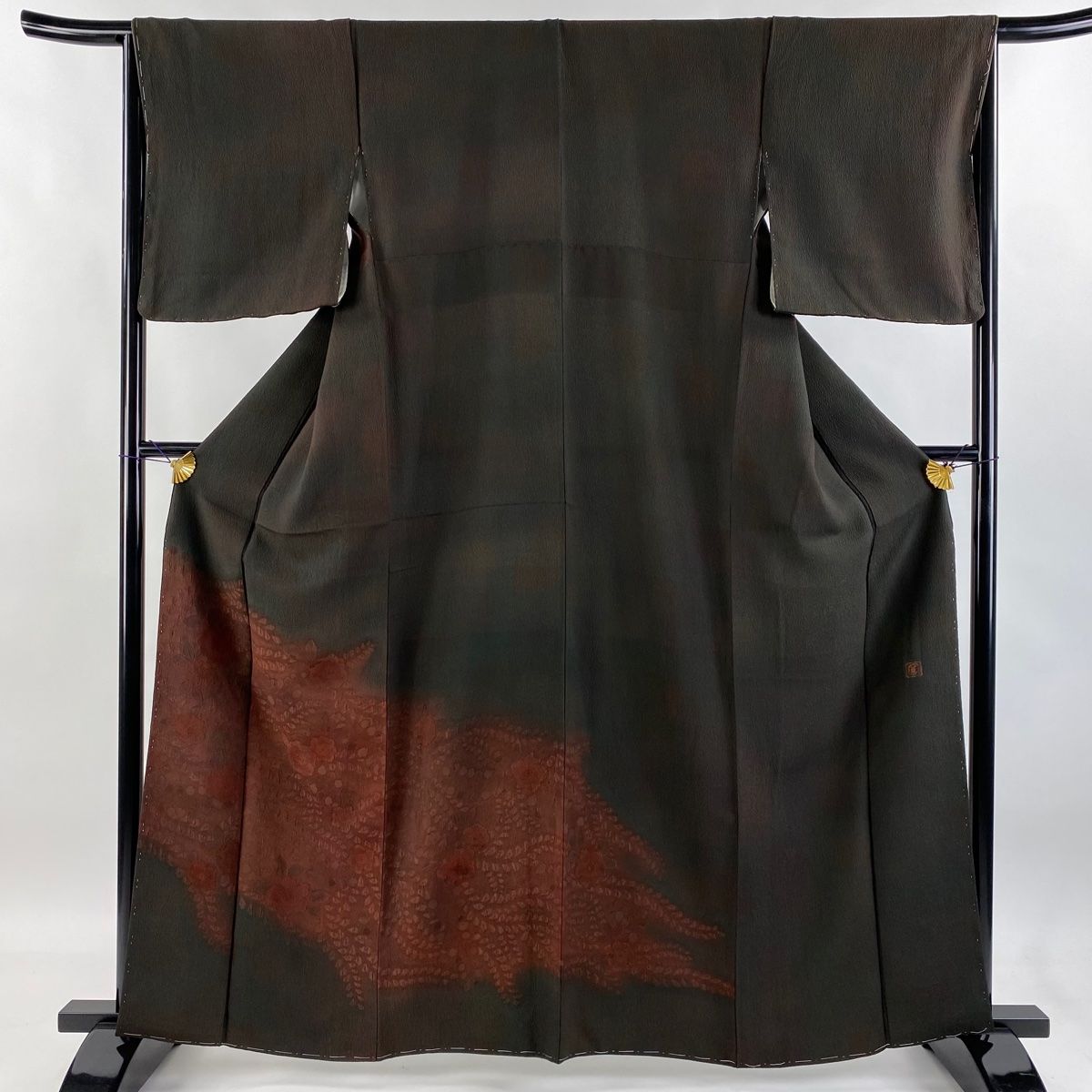 付下げ 身丈160.5cm 裄丈65.5cm M 袷 落款 草花 ぼかし 染め分け 焦茶色 正絹 秀品