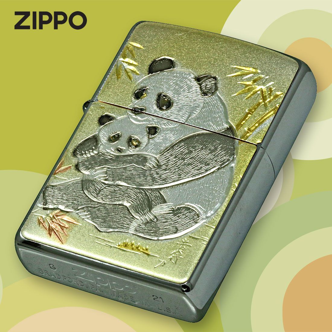 zippo(ジッポーライター)電鋳板 親子パンダ 和柄 オイルライター 熊猫 デンチュウバン おしゃれ かわいい ギフト