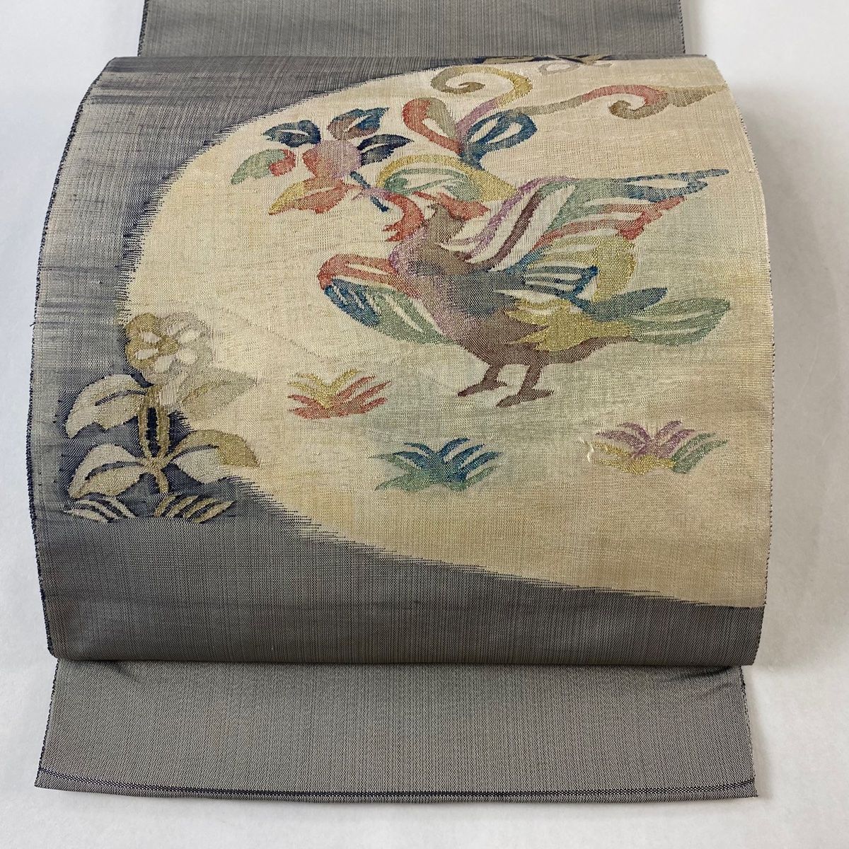 袋帯 美品 秀品 関西仕立て 花喰い鳥 金糸 灰色 お太鼓柄 正絹