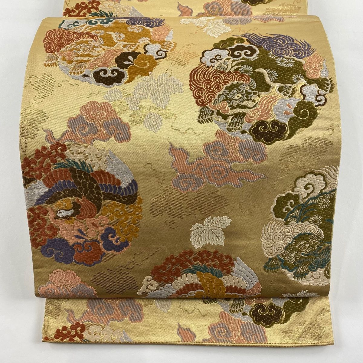 袋帯 秀品 金箔錦唐織 鳳凰 獅子 金色 六通 正絹 【中古