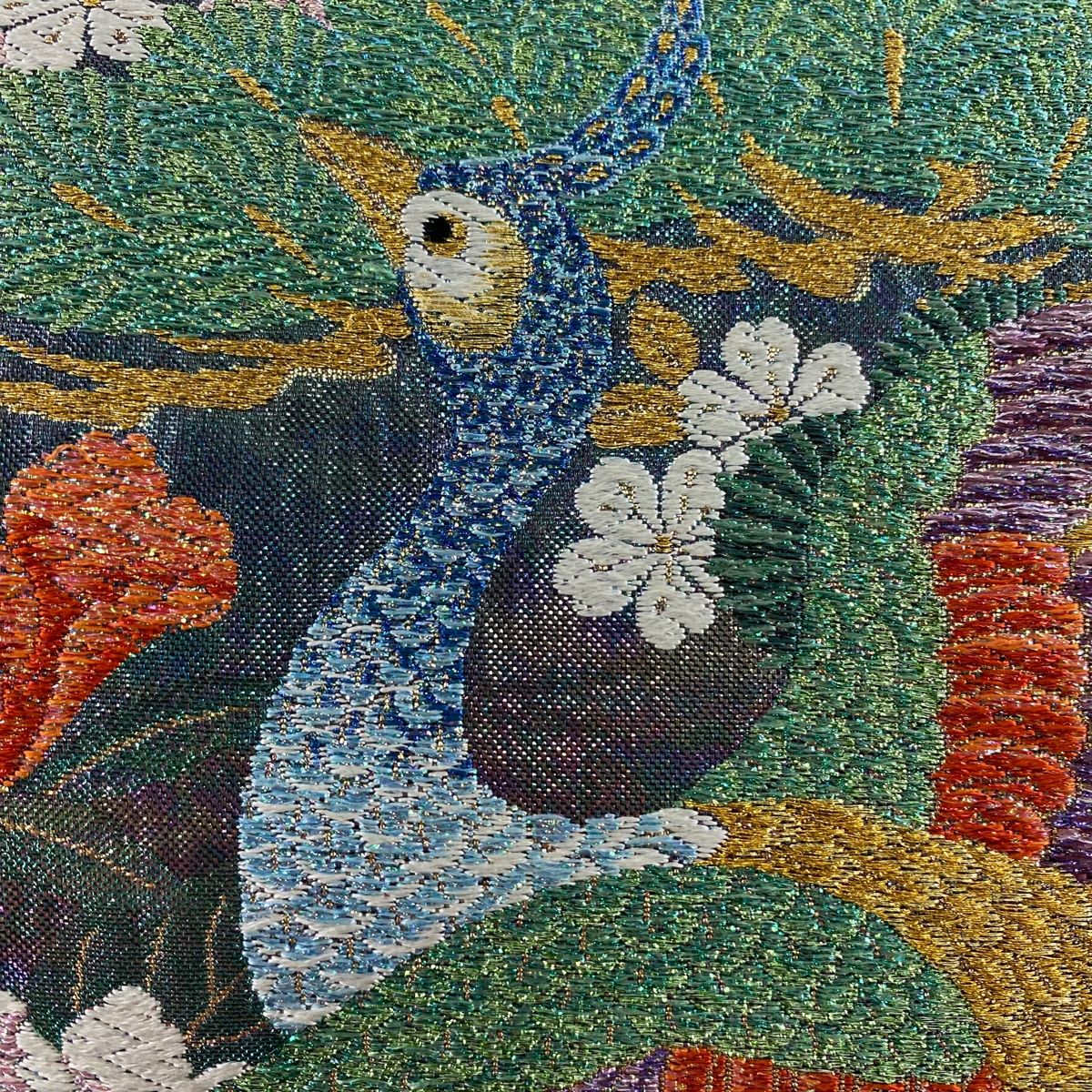 袋帯 秀品 鳳凰 孔雀 金糸 箔 墨色 お太鼓柄 正絹