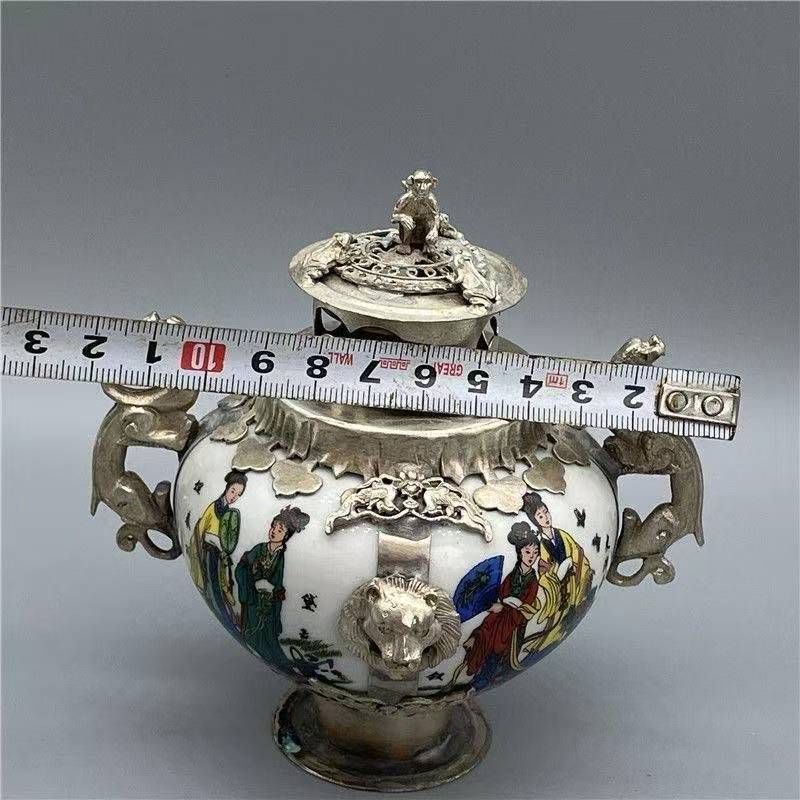 新品・未使用】旧家収蔵 中国古玩 銀白銅包瓷 香炉 粉彩 人物圖