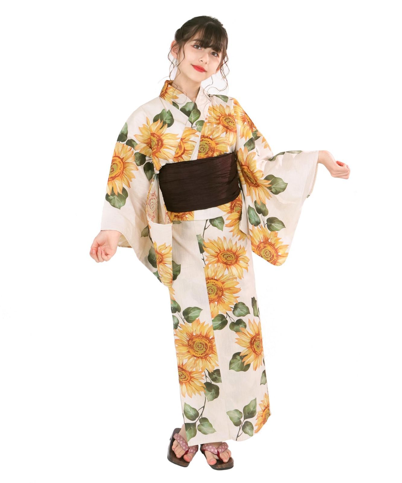 130_3.陽夏燦々 [KYOETSU] [キョウエツ] 浴衣セット 女の子 生成り 変わり織 2点セット(浴衣、兵児帯) ジュニア ガールズ H (3.陽夏燦々， 130cm)