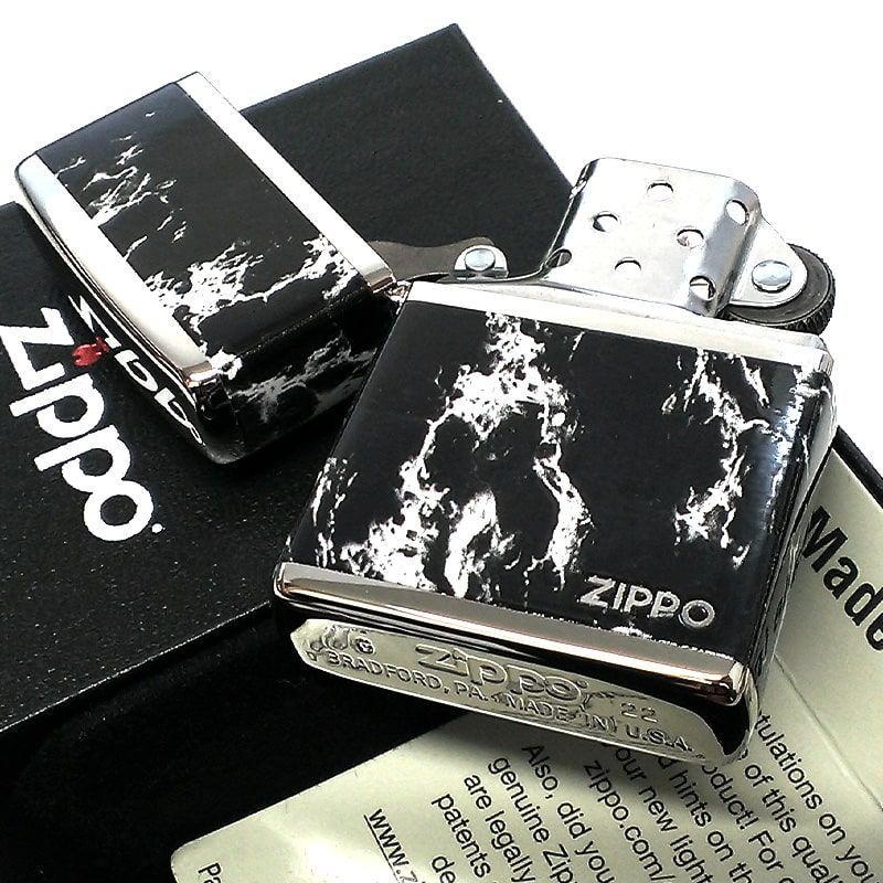 ジッポ ライター ZIPPO ロゴ ブラック ホワイト 大理石 4面加工 