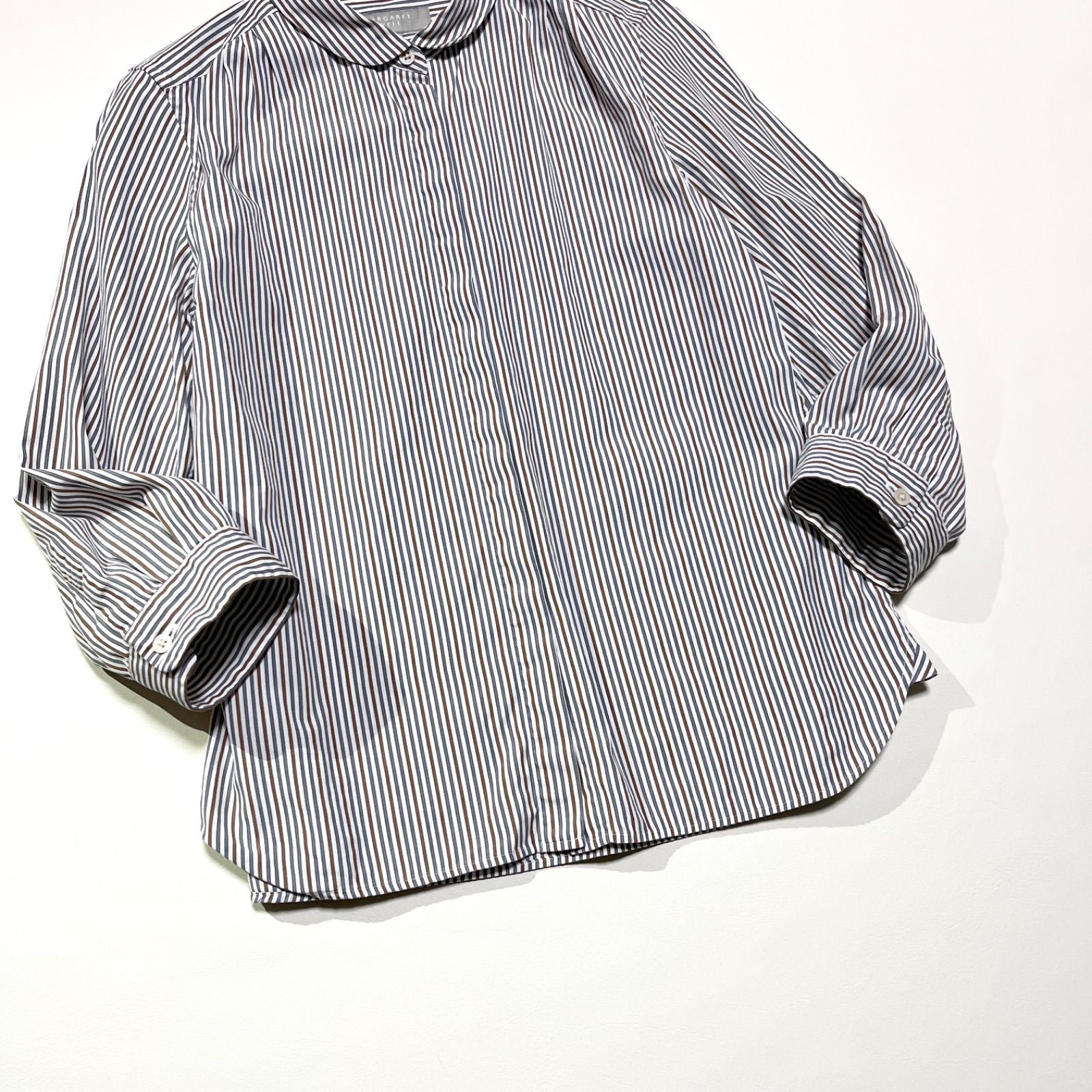 ◆美品 マーガレットハウエル 丸襟 ストライプ シャツ 7分袖 比翼ボタン cE94 MARGARET HOWELL 丸襟ストライプシャツ 比翼ボタン