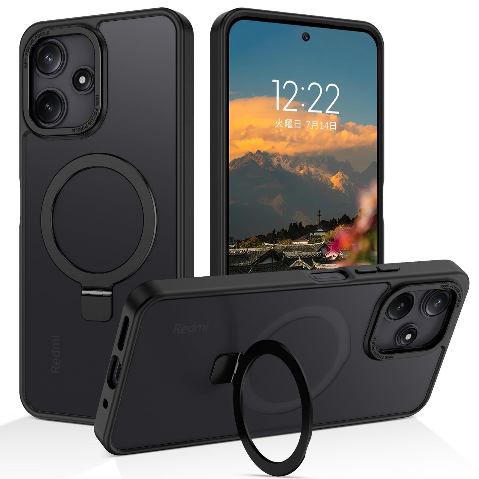 【新着商品】VENINGO Redmi 12 5G ケース スタンド機能 リング 横縦両立 TPU+PC スマホケース 人気 シンプル 滑り止め 薄型 軽量 耐衝撃 指紋防止 レンズ保護 xiaomi redmi 12 5g ケース 6.79インチ ブラック