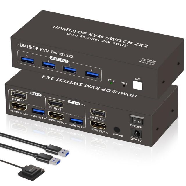 HDMI Displayport 2入力2出力 KVM 切替器 2PC 切替 2モニター 同時出力 4K 60Hz USB3.0 4口 KVM スイッチャ キーボード マウス 共有 デュアル ディスプレイ HDMI DP 複数入力装置 切替 多モニター 同