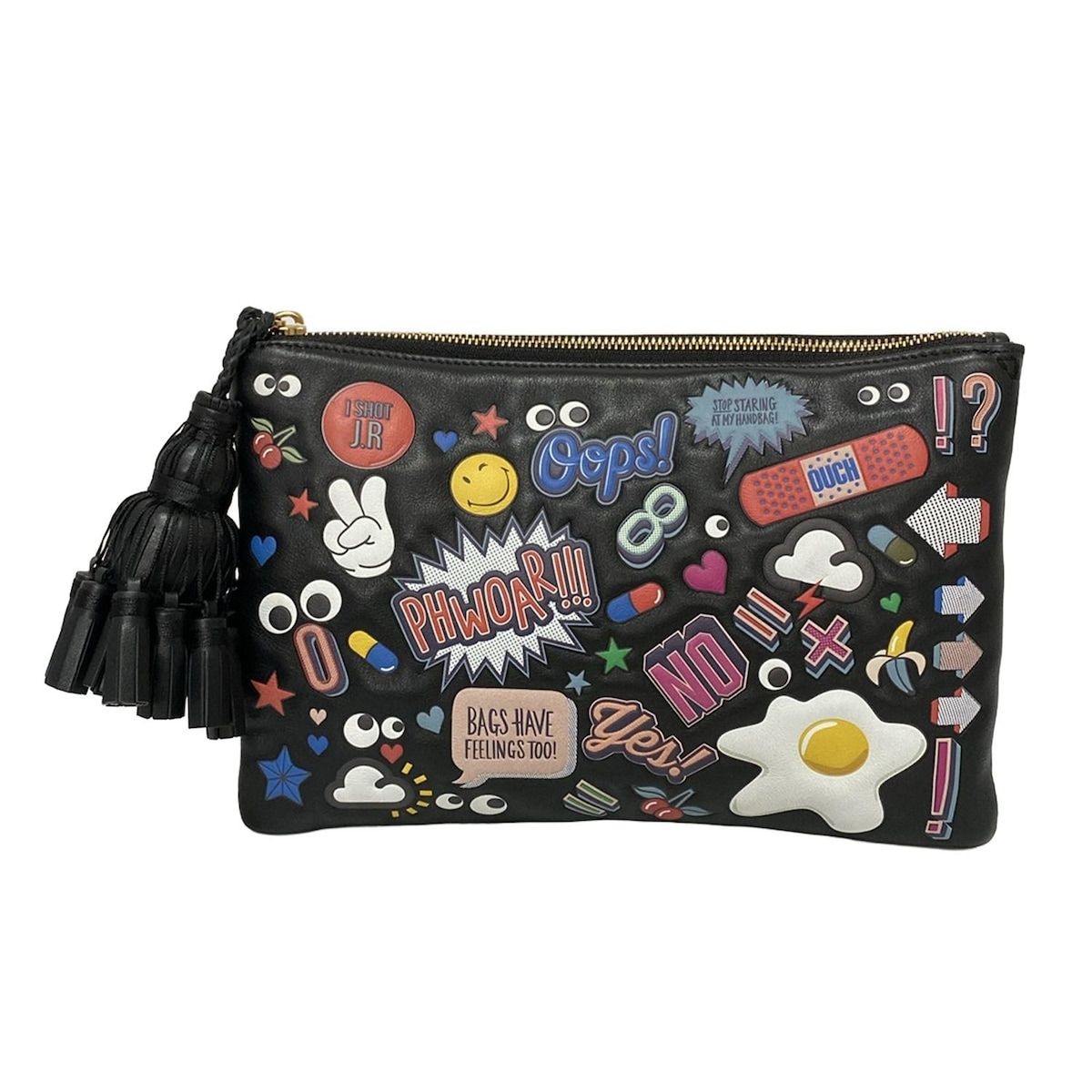 Anya Hindmarch アニヤハインドマーチ クラッチバッグ ジョージアナ オールオーバー ウインク ステッカーズ 黒×マルチ タッセル レザー