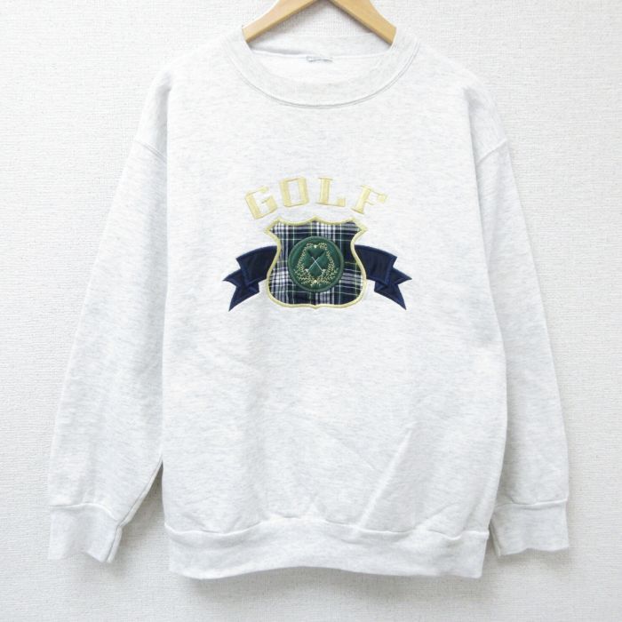 L/古着 長袖 スウェット メンズ ゴルフ 刺繍 クルーネック 薄グレー 霜降り 24sep17 中古 スエット トレーナー トップス
