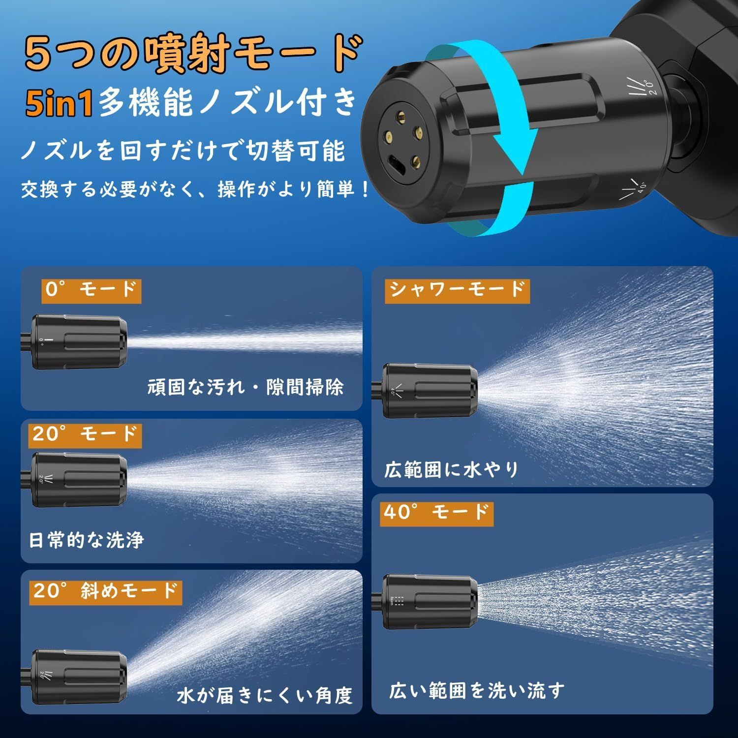 5つの噴射モード 5in1ノズル ハンディ高圧洗浄機 5mホース付き 充電式 家庭用 折りたたみ コンパクト 洗車 高圧洗浄機 自吸式 ポータブル コードレス ミニ洗車機