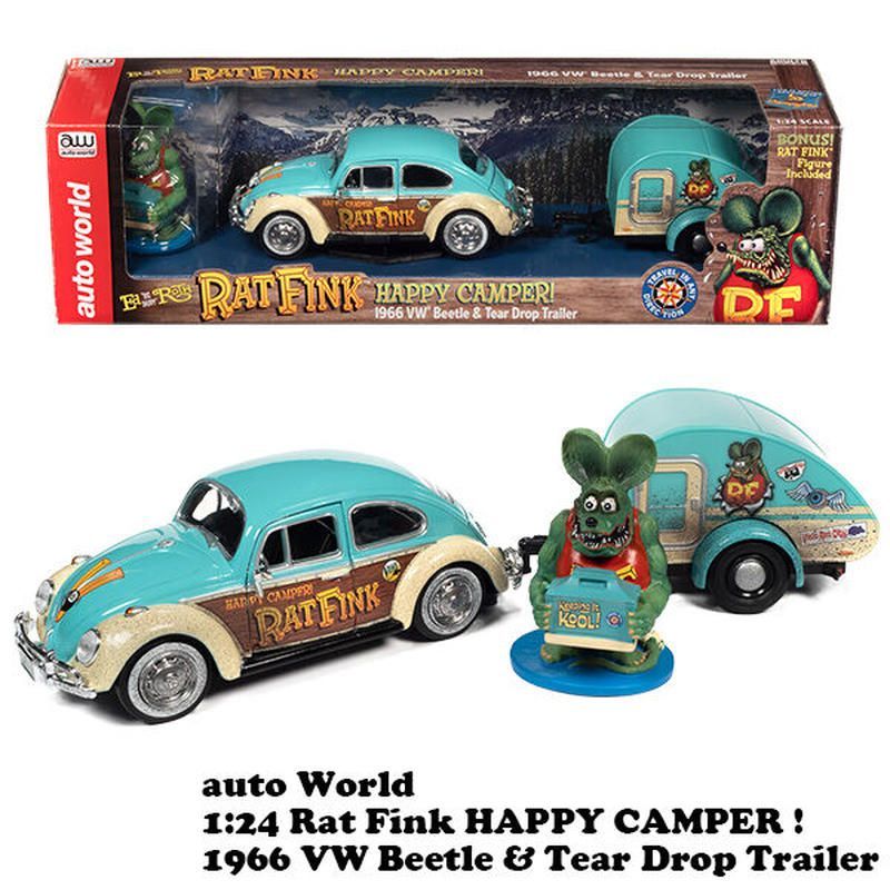 AUTO WORLD 1:24 RAT FINK 1966 VW Beetle w/Tear Drop Trailer & Rat 