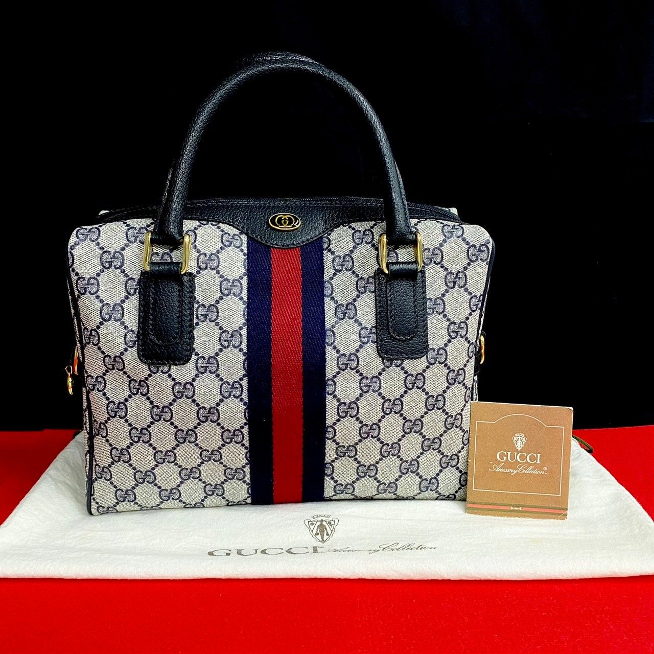 美品✨オールド グッチ　ミニボストンバッグ　GGスプリーム シェリーライン 紺 極 美品 袋付 GUCCI グッチ オールドグッチ ヴィンテージ