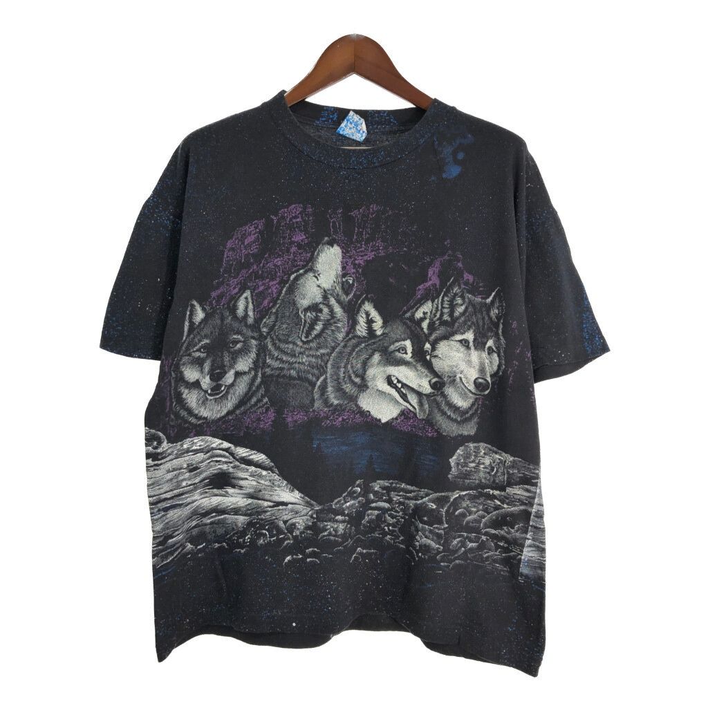 90年代 アニマルプリント オオカミ オールオーバープリント 半袖Ｔシャツ ブラック メンズ XL 古着 U2564