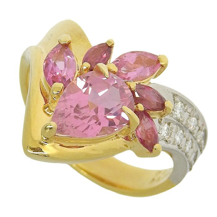 K18 PT900 ピンクトルマリン ダイヤモンドゴールドリング指輪