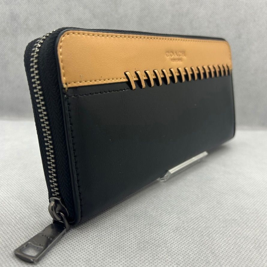 COACH ベースボールステッチ アコーディオンウォレット 黒×ベージュ 