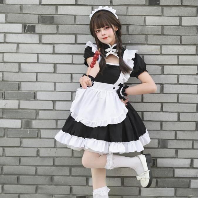 メイド服 メイドコス ロリータ メイド服 半袖 膝丈 ショート丈 ワンピース ロリータ服 チャイナカラー 穴開け 中華風 エプロンウェイトレス ハロウィン コスプレ