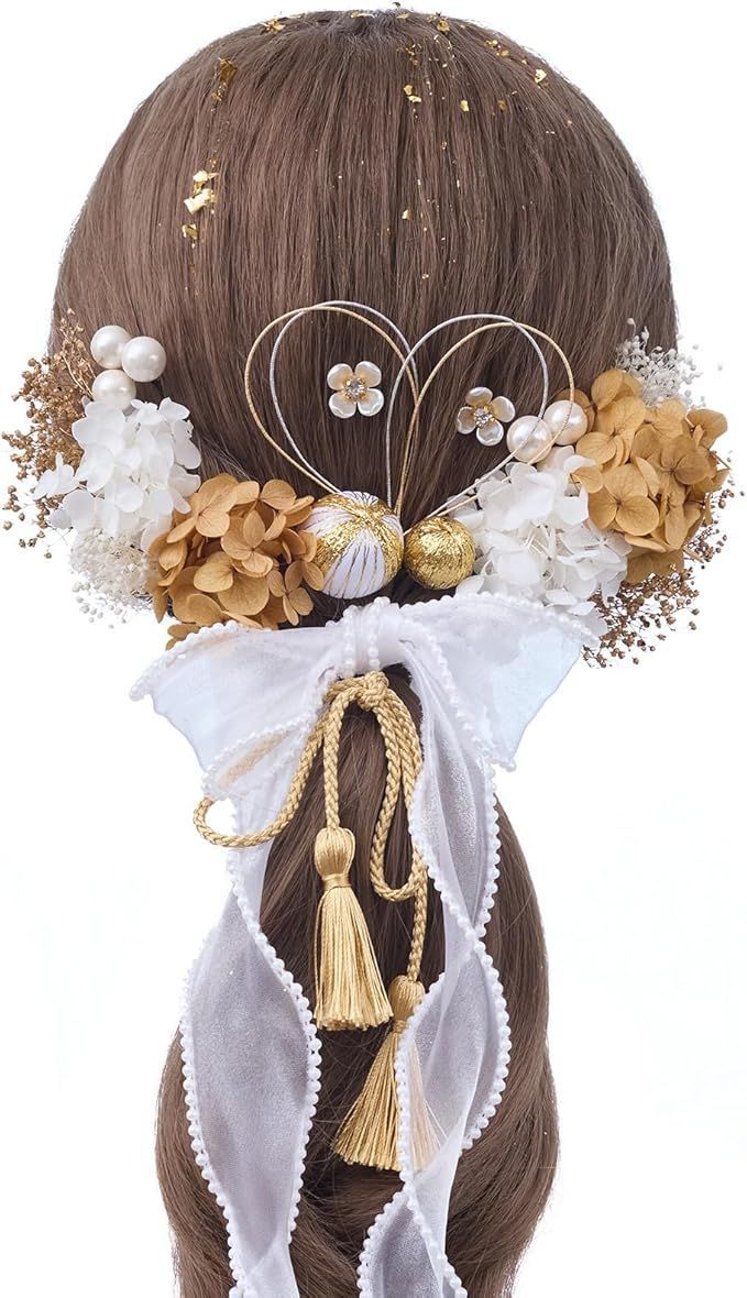 振袖　髪飾り　プラチナシルバー刺繍リボン水引 髪飾り 成人式 卒業式 8点セット「ゴールド×ニュアンスカラー お花と