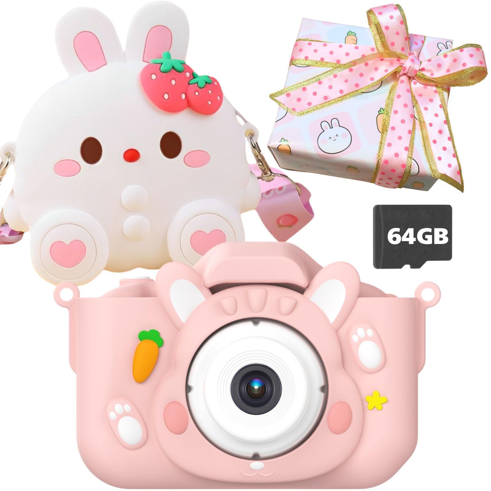 【64GB ポシュエット付き】キッズカメラ トイカメラ 子供用カメラ ゲーム機能 音楽プレーヤー インカメラ搭載 8倍ズーム プレゼント 女の子 男の子 popoma (02.ラッピング， ピンク) [ピンク] [02.