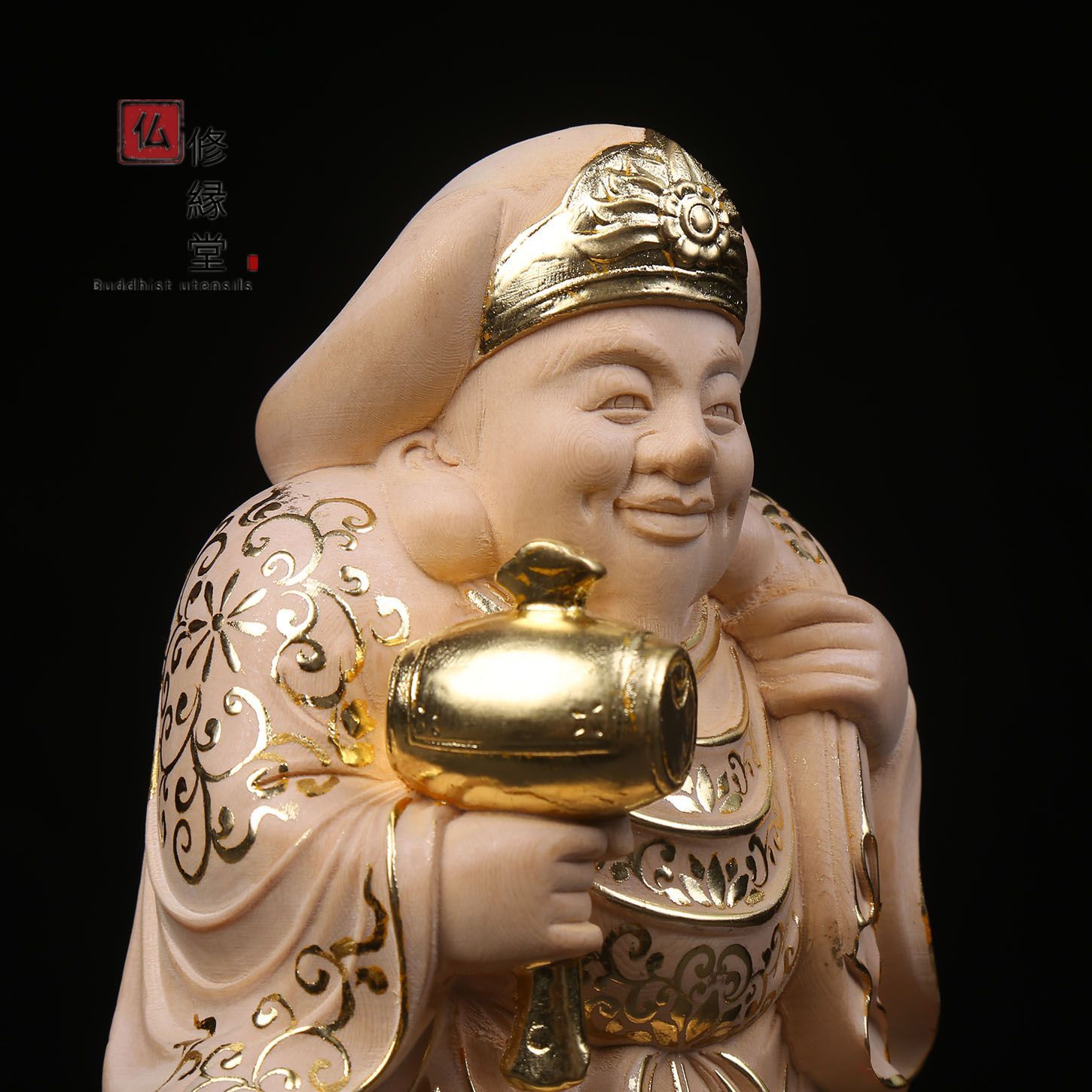 修縁堂】木彫り 仏像 福神大黒天 財神 本金 切金 檜材 彫刻 一刀彫 