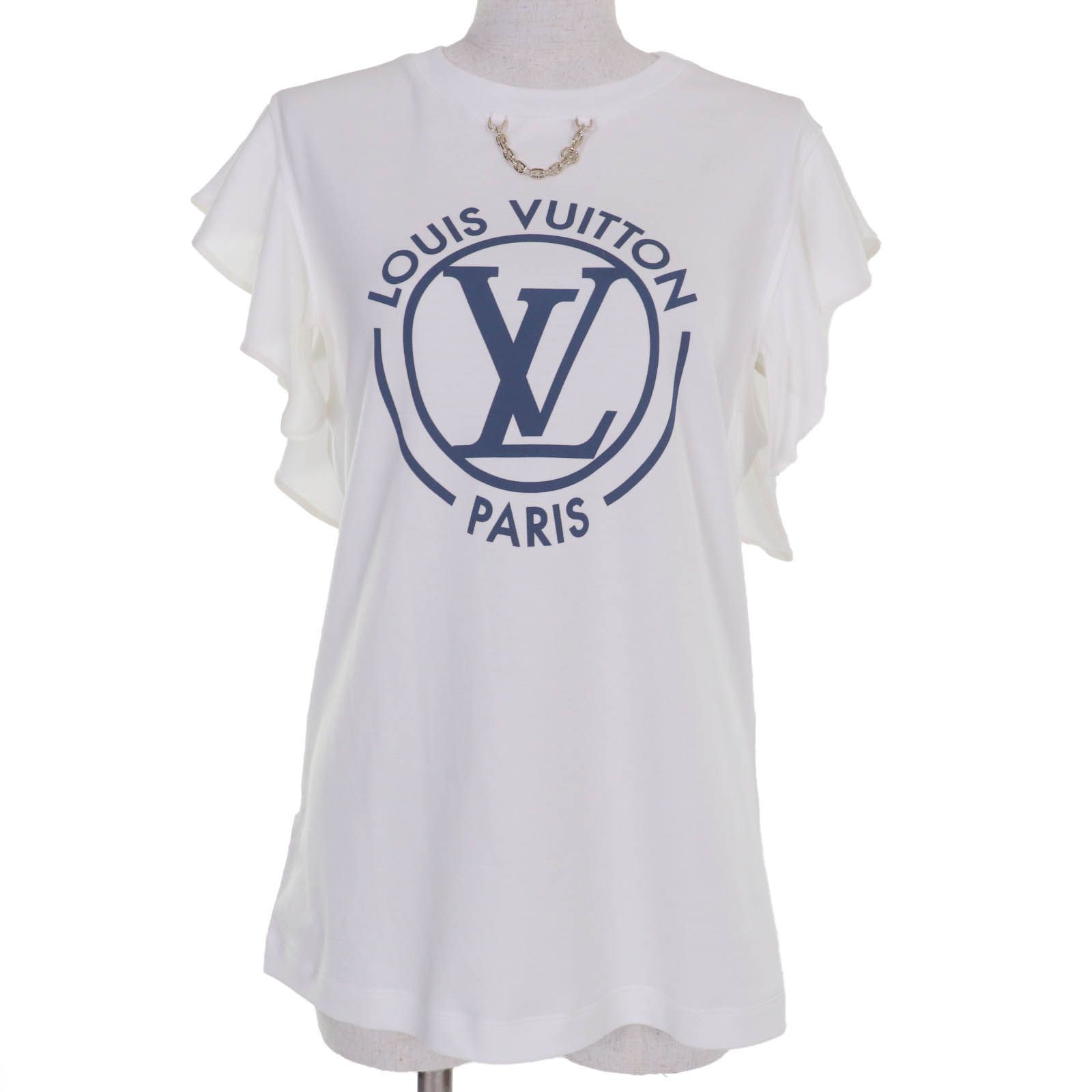♥品 LOUIS VUITTON ルイヴィトン 24AW コットン100％ LVロゴ 袖フリル トップス ホワイト L イタリア製 正規品 レディース