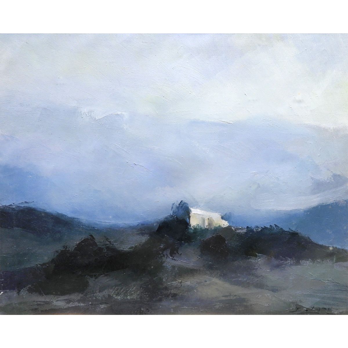 Emilio Lope Vallejo La ERMITA 油彩15号 風景画 礼拝堂 教会 山 アート インテリア 油絵 スペイン 原画 絵画 げ交渉