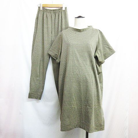 bi -eks ビーエクス セットアップ リネン混 半袖 チュニック パンツ ウエストゴム プルオーバー クロップドパンツ ストライプ スリット 茶系 38 レディース D190L