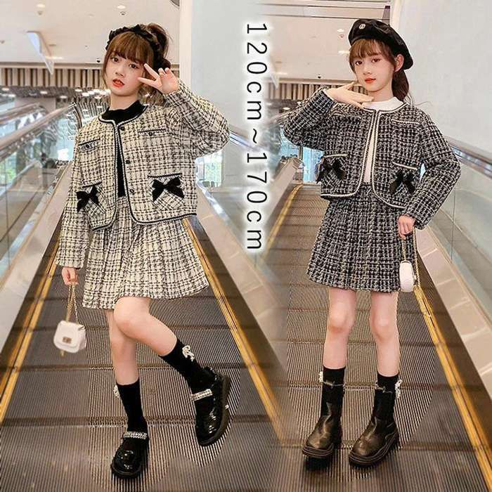 キッズ スカート フォーマル ポレロ 2点セット セットアップ 長袖 秋 女の子 女児 ジュニア おしゃれ チェック柄 スカート 膝丈 ドレス 子ども服 韓国風 子供服 春 秋服 入園式 卒業式 卒園式 