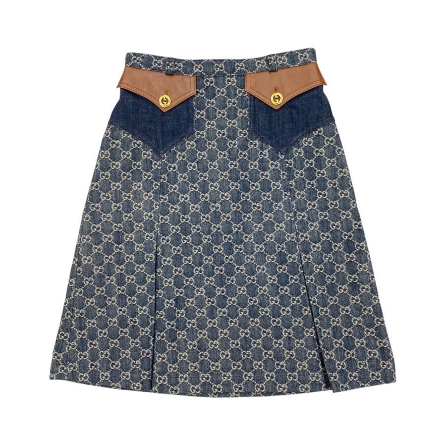 E4057 グッチ タイトスカート ウォッシュド オーガニックデニム 651415 38サイズ コットン GG柄 ブルー ブラウン GUCCI