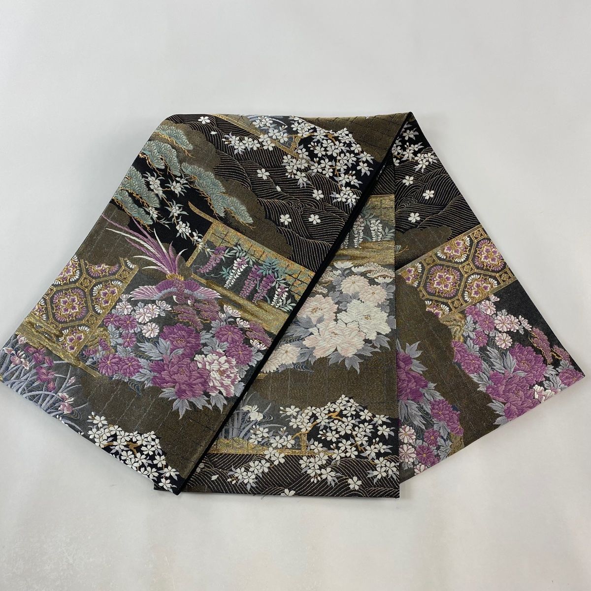 美品 袋帯 じゅらく 帝王紫 刺繍 葡萄唐草 花文 長さ4m40m お洒落 美品 袋帯 じゅらく 帝王紫 刺繍 葡萄唐草 花文 長さ4m40m お洒落