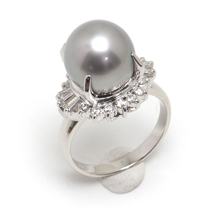 T389　黒真珠指輪/PT900/ダイヤ0.33カラット/約6.9g/アクセサリー/プラチナ/12号40339 Pt900 ブラックパール リング 指輪 9号 10.5mm玉 メレダイヤ