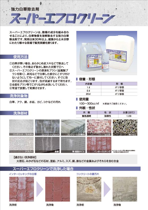 コンクリートの白華除去剤 スーパーエフロクリーン 20L