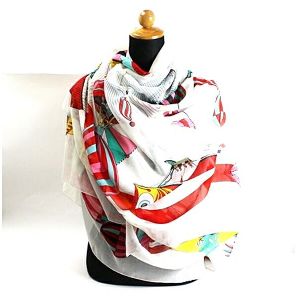 エルメス コットン 大判ストール ホワイト レッド 気球 中古 Aランク HERMES レディース 女性 箱付き エルメス コットン 大判ストール ホワイト レッド 気球 中古 Aランク