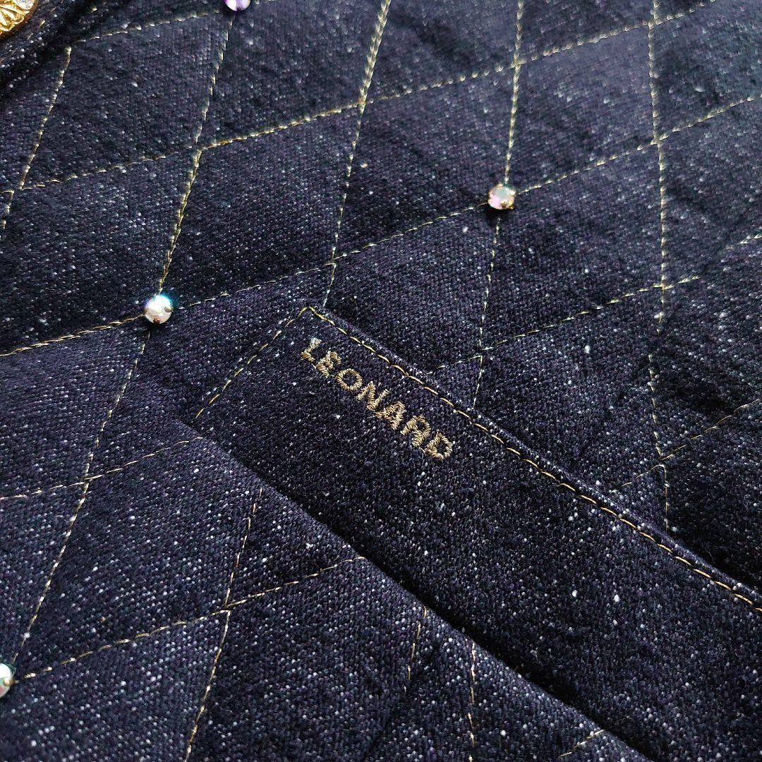 LEONARD レオナール ラインストーン ビジュー キルティング シルク ノー ジャケット 中綿 サイズM 9 長袖 黒 ブラック デニム アウター コート レディース GULLKHAN_COM