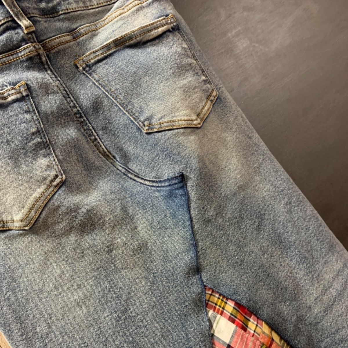 ☆USEDデニム赤チェックスカート☆ I.S. (アイエス) チェックスカート  