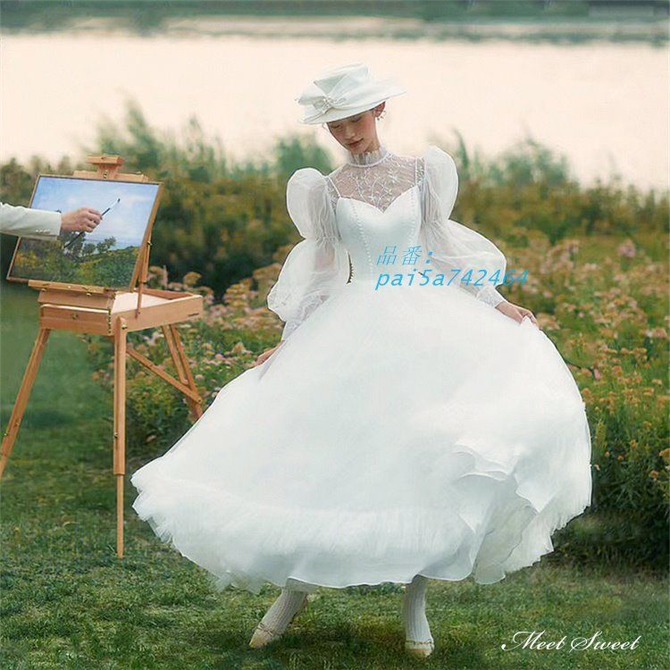 ウェディングドレス ロングドレス プリンセスドレス チュール 長袖 パフスリーブ 二次会 ハイネック 結婚式 前撮り ウエディングドレス ブライダル 花嫁 pai5a742464