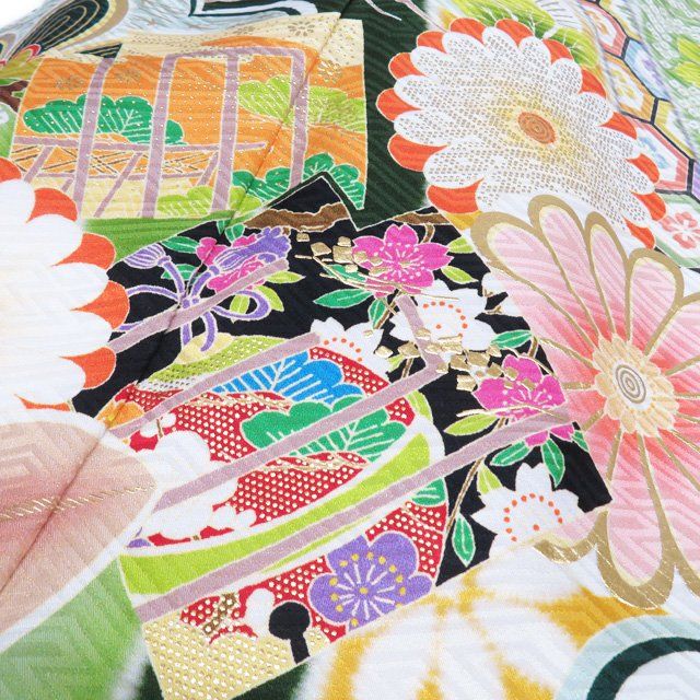 405z21, 310u18〇振袖 金通し 花 ポイント刺繍 黄緑 白〇美品 花美人着物□中国三大刺繍 スワトウ刺繍 汕頭刺繍 訪問着 正倉
