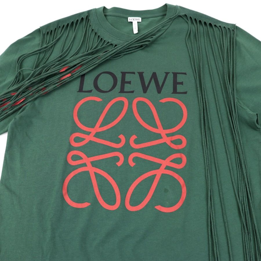 LOEWE フリンジ付きグリーンTシャツ ロエベ アナグラムプリント フリンジ 半袖Tシャツ メンズ 緑 M