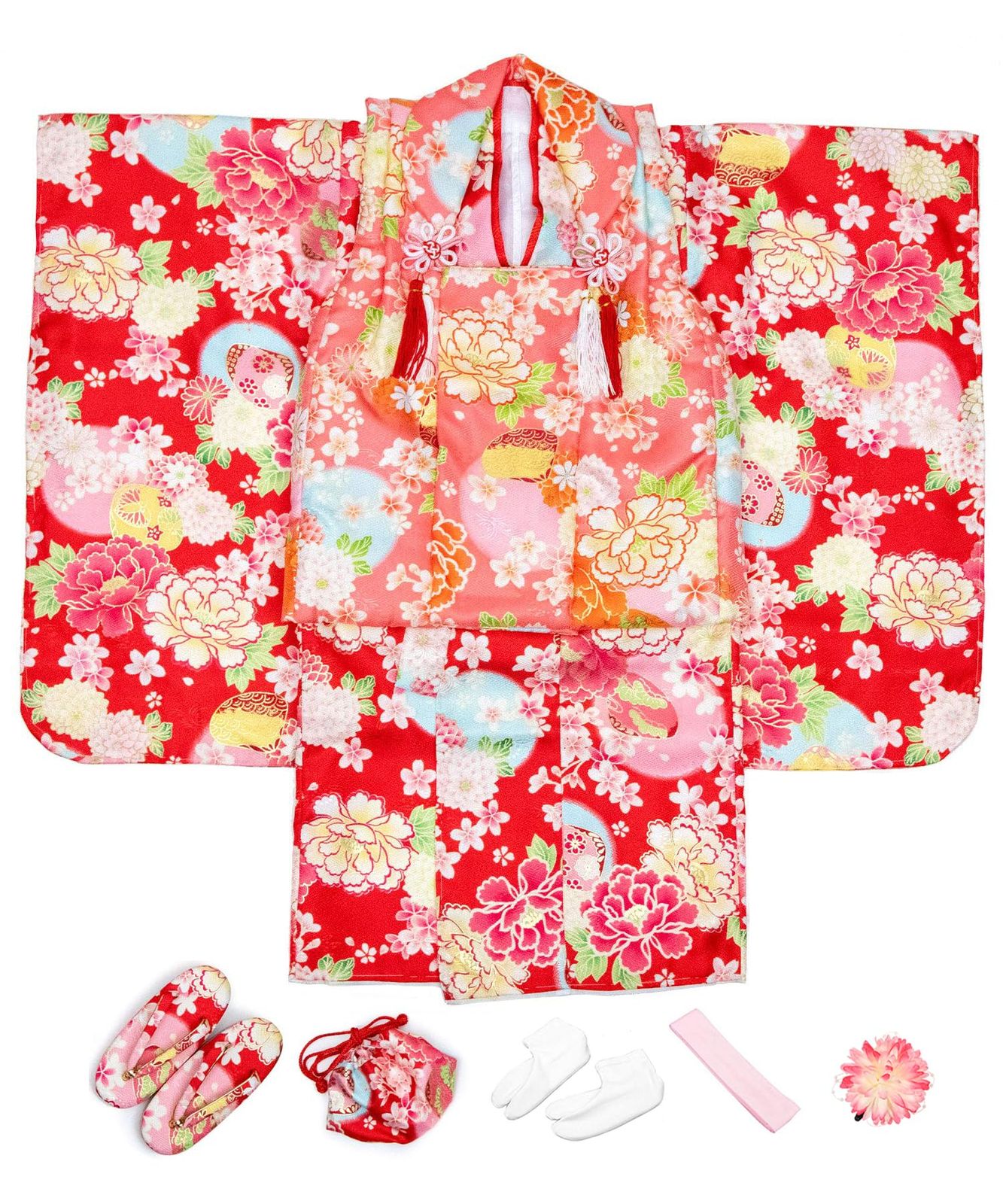 KYOETSU キョウエツ 着物セット 七五三用 3歳用 被布セット 華やかA 9点セット 柄被布 柄着物 伊達衿 長襦袢 髪飾り 巾着 草履 腰紐 足袋 ガールズ 9.花華絢爛 WWW_SKLAD-KIRPICHA_RU
