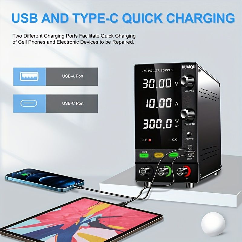 新着商品 調整 な4ビット実験室用デスクトップ電源 - 充電式30V 10A鉄素材ACスイッチング調整コンピュータノートブックメンテナンス電気めっき機器ツール手作りDIY回路基板メンテナンス用USプラグ付きバッテリー不要産業用測定器具o