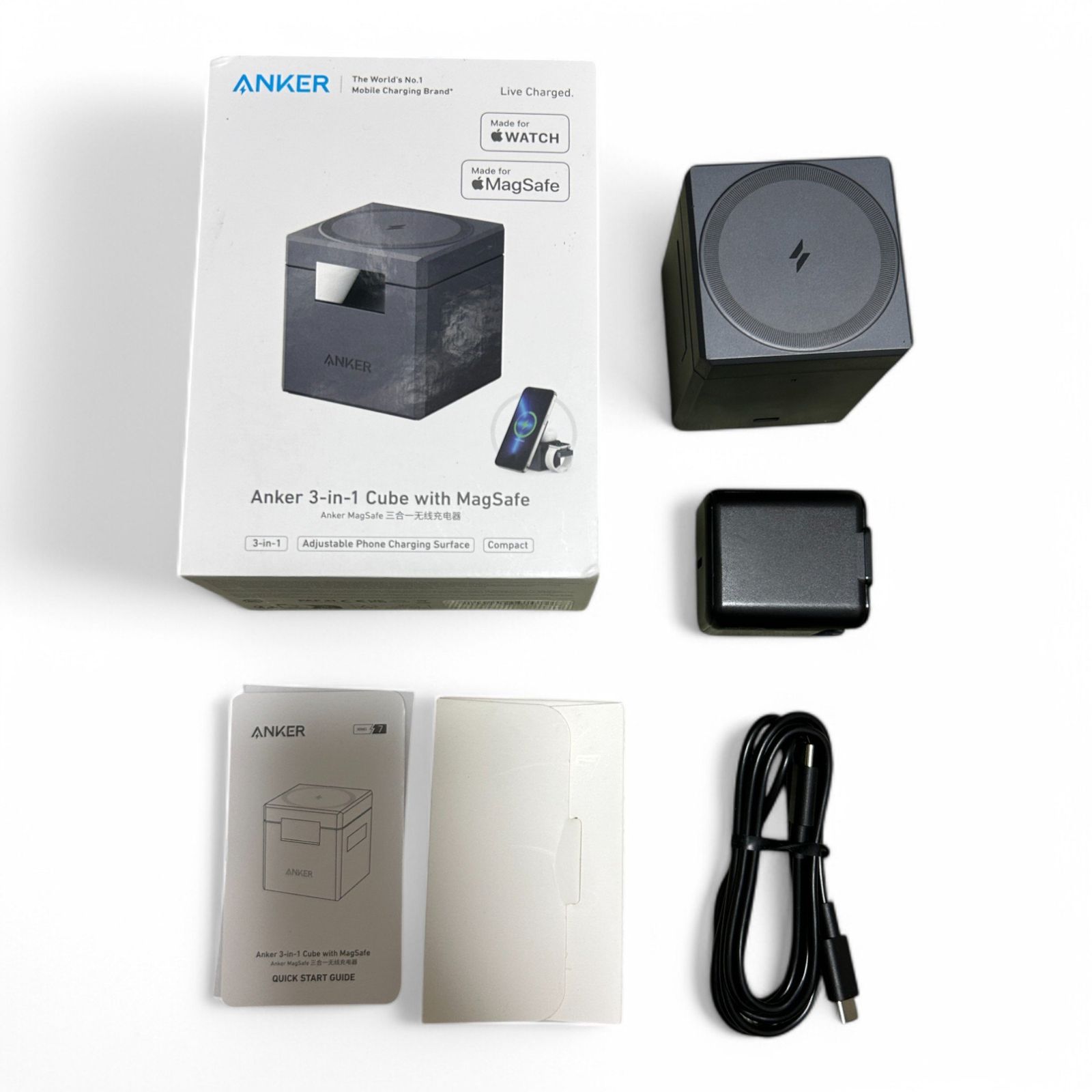 アンカー Anker ワイヤレス充電器 3-in-1 Cube with MagSafe グレー MagSafe対応 コンパクト設計 720-1445