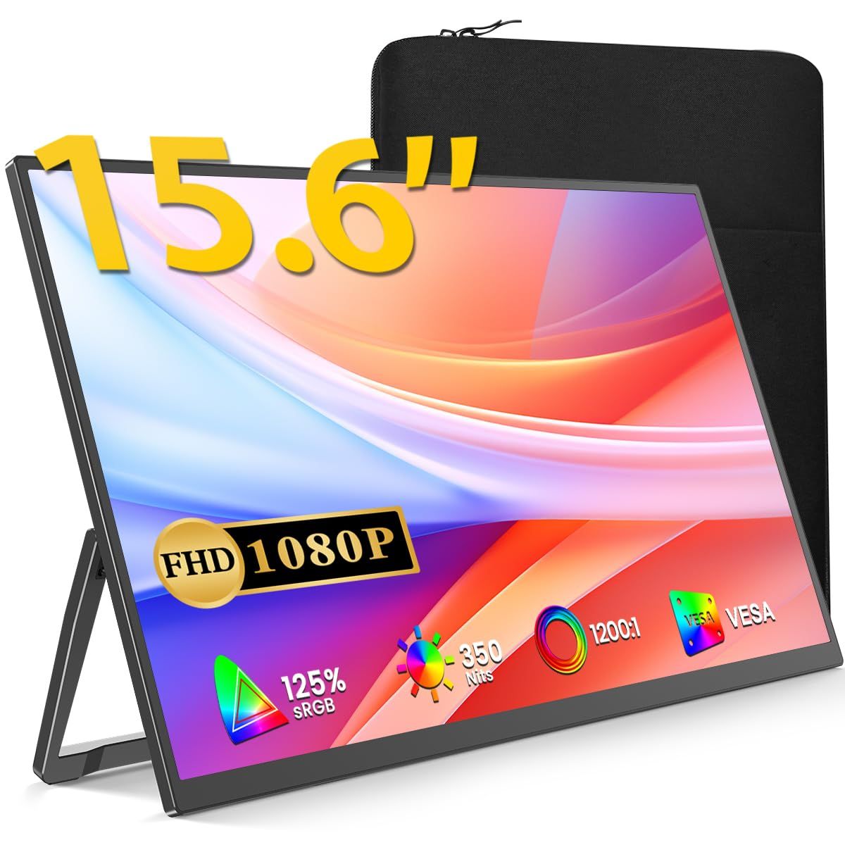 モバイルモニター 15.6インチ 保護ケース付き Vimonic モバイルディスプレイ 125%広色域 ポータブルモニター FHD 1920*1080 IPS液晶パネル ポータブルディスプレイ 自立型スタンド 薄型 超軽量 二つのVESA穴 USB Ty