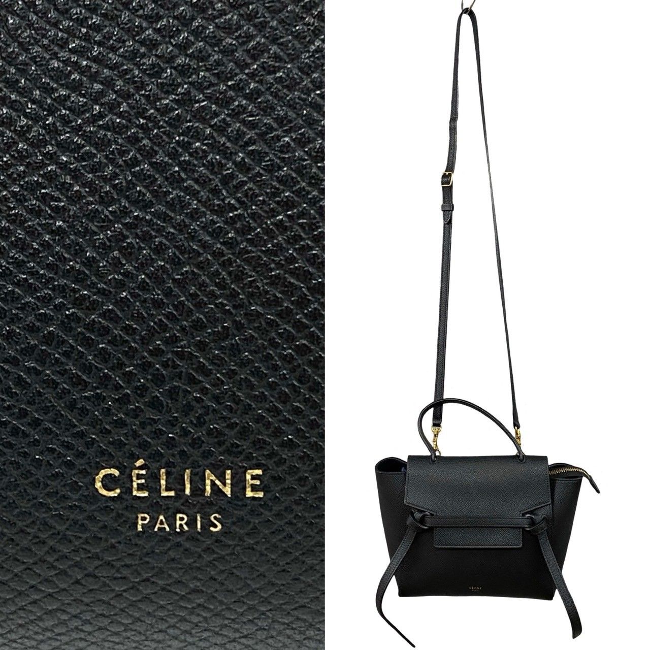 極 美品 希少品 CELINE セリーヌ ベルトバッグ ナノ レザー 本革 2way ミニ ハンドバッグ ショルダーバッグ ポシェット ブラック  81763 - メルカリ