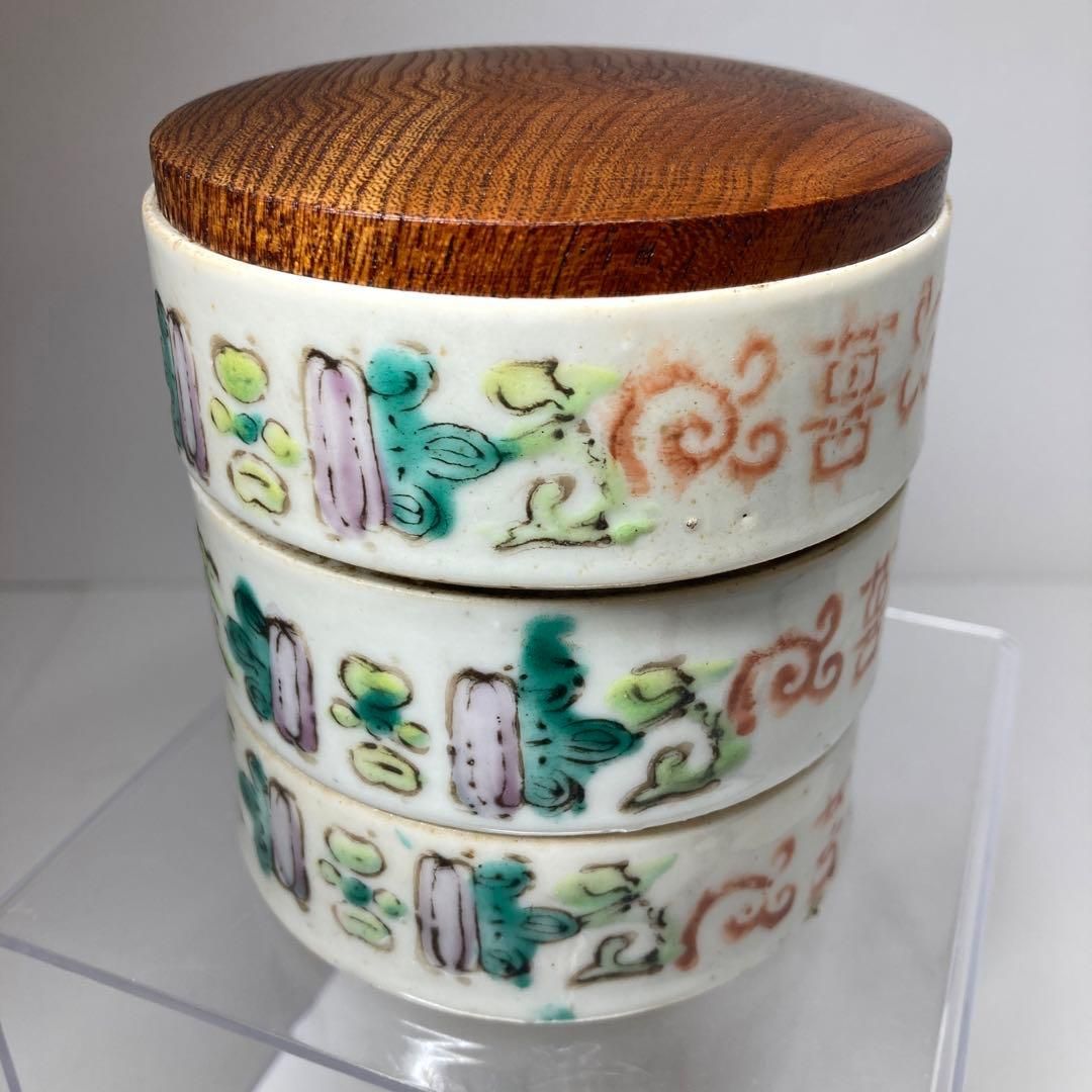 中国清時代 粉彩三段重 蓋付 高さ9.5㎝ 東Y6-1230 2F