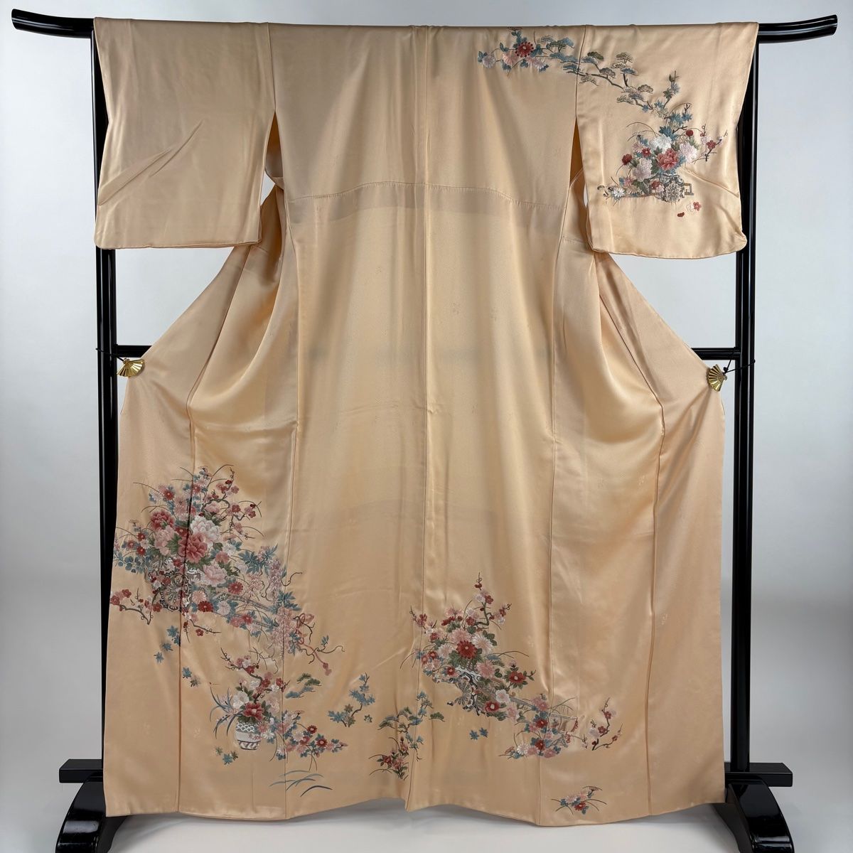 訪問着 身丈166cm 裄丈66cm M 袷 花車 枝梅 刺繍 薄オレンジ 正絹 名品