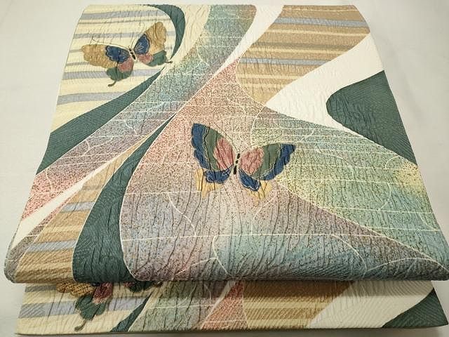 平和屋着物○博多織 鵬翔 全通柄袋帯 ふくれ織 舞蝶文 金銀糸 正絹  