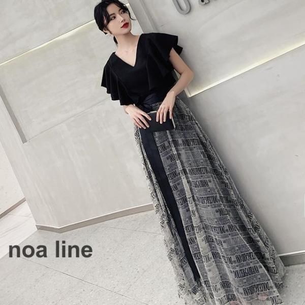 おしゃれパーティードレス ロング 黒 半袖 かっこいい 結婚式 お呼ばれ ドレス ロングドレス 演奏会 発表会 大きいサイズ フォーマル 個性的 二の腕カバー