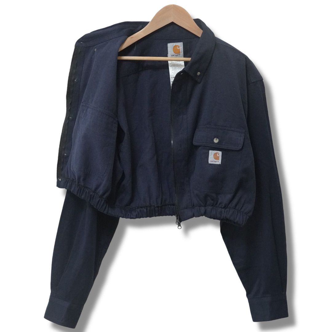 カーハート クロップド丈 シャツ ジャケット L ネイビー 光沢生地