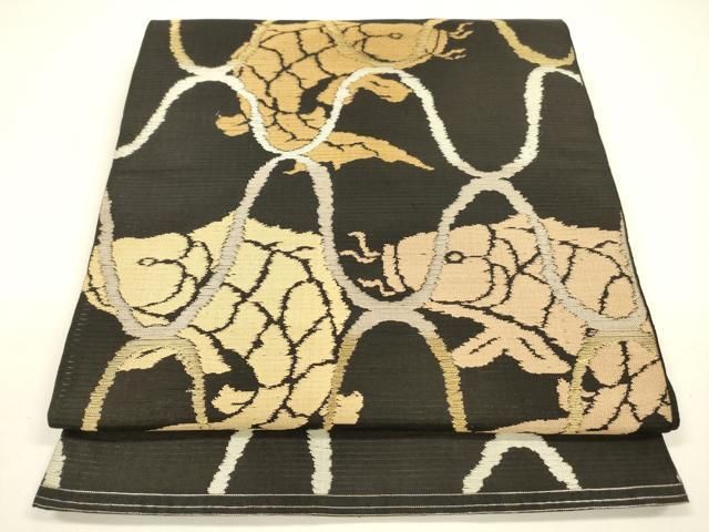 平和屋着物＊夏物 アンティーク 大正ロマン 六通柄 本袋帯 荒磯 黒地 金糸 正絹 DAAY8141cm