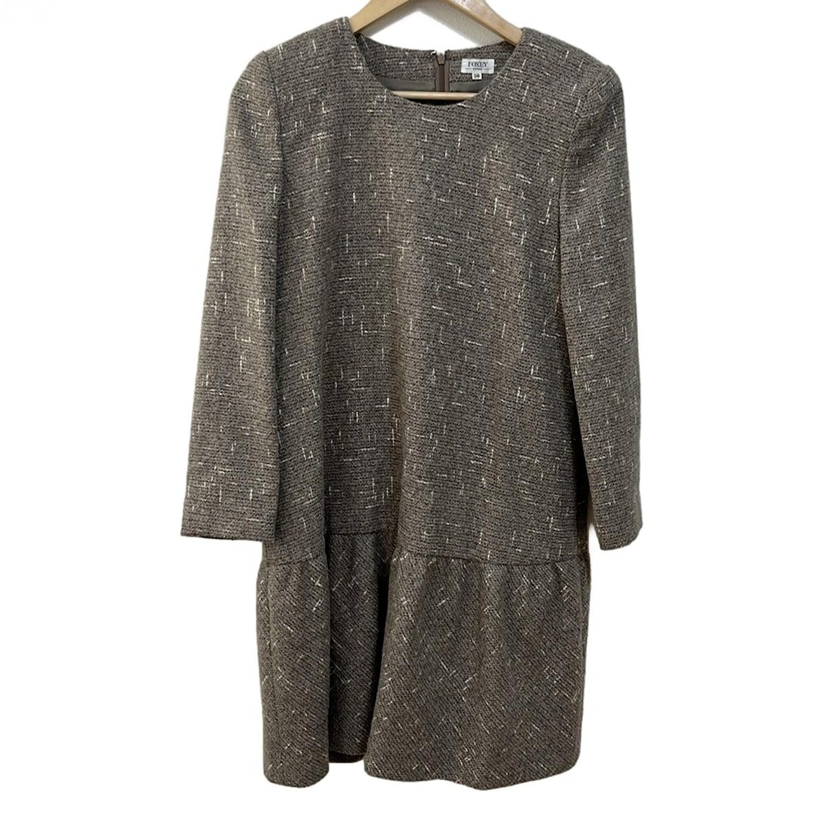 FOXEY フォクシー ワンピース サイズ38 M レディース - グレーベージュ×アイボリー クルーネック|長袖|ひざ丈